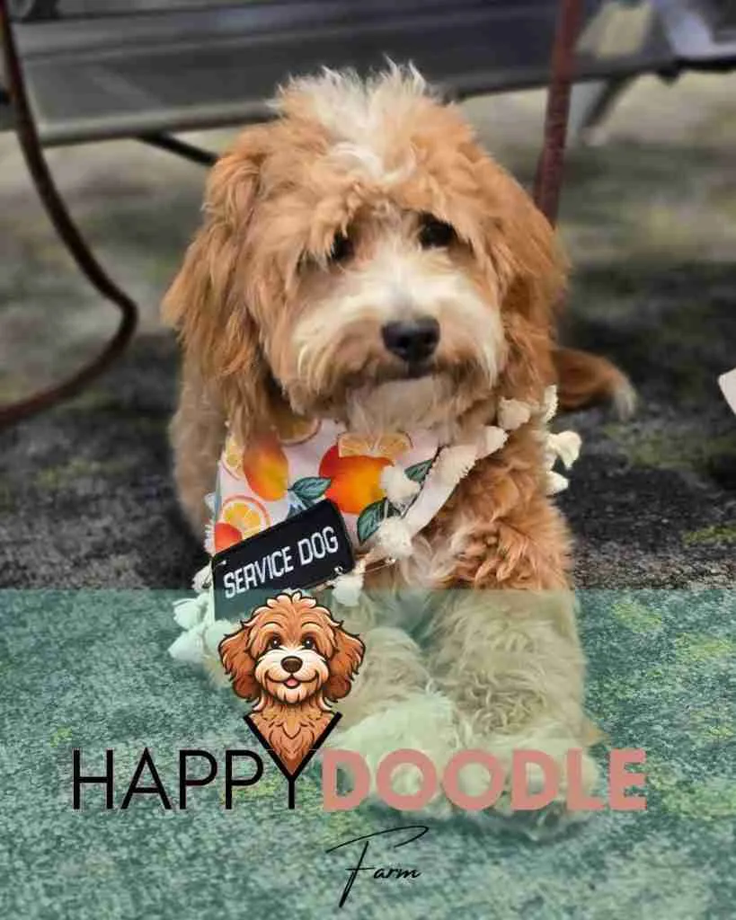 Miniature Goldendoodle Puppy laying quietly at an airport